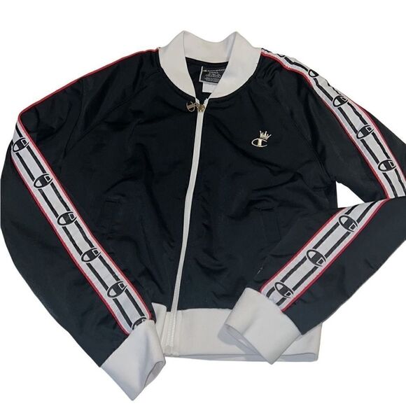 Champion Black Logo Embroidered Full Zip Crown Track Jacket Size Small - Picture 2 of 15
